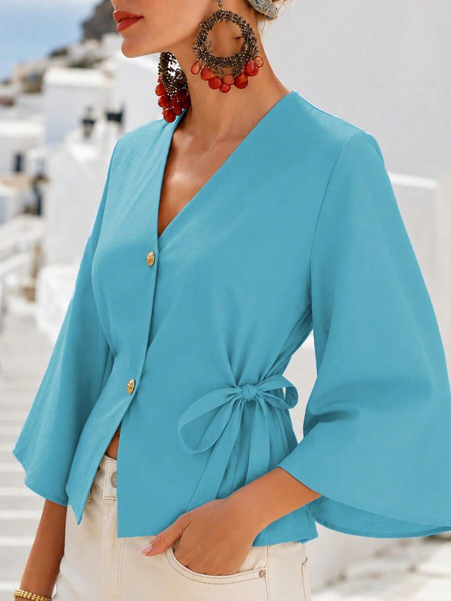 1pc Solid Color Woven Fabric Bow Tie Blouse, Suitable For Vacation And Daily Wear, Spring/Summer - Baby Blue - View 1