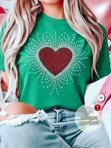 Respirable Playera Blanca de Mujer con Gráfico de Corazón Rojo Radiante de Pedrería, Camiseta Aesthetic con Brillantes de Amor Manga Corta, Top Moderno Romántico, Blusa Casual de Moda para San Valentín, ropa de calor mujer - Verde - Ver 6