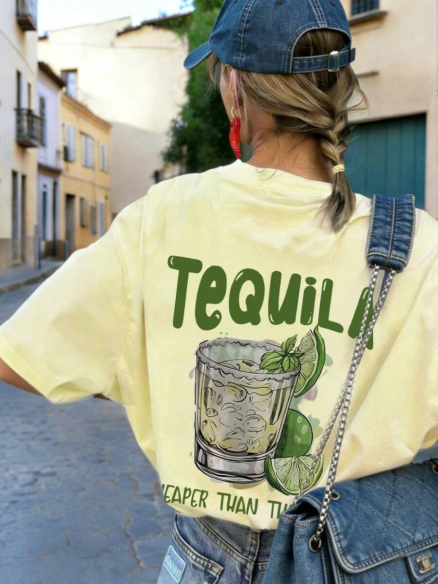 Women's Short-Sleeved T-Shirt, Soft, Versatile And Casual For Spring/Summer, With A Round Neck, Breathable And With A Cool Tequila Print. Pure Cotton Short-Sleeve Shirt - 卡其色 - 查看 1