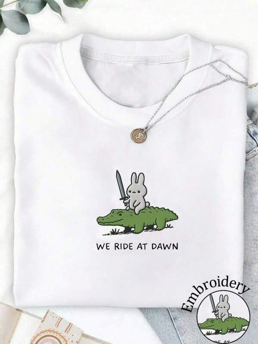 Camiseta de mujer de manga corta con cuello redondo y estampado de dibujos animados, versátil para uso diario - Negro - Ver 1