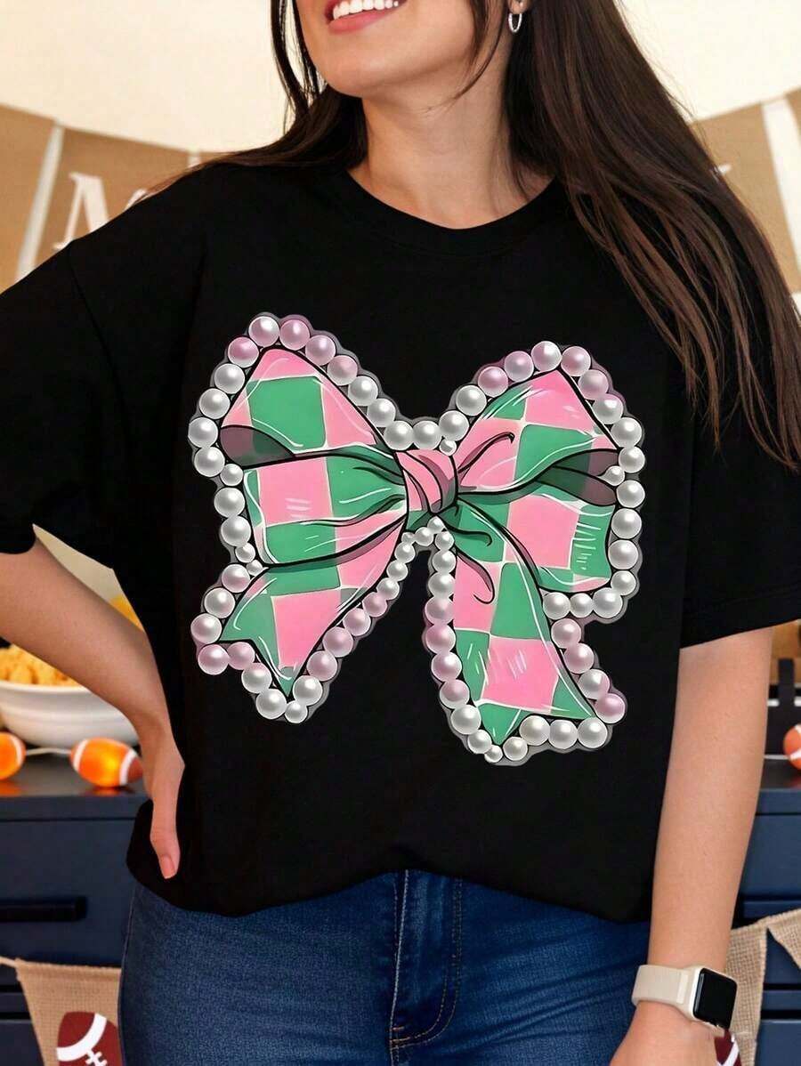 Camiseta Oversize a Cuadros Rosa y Verde con Lazo y Adorno de Perlas, Top Casual de Moda para Mujer para Fiestas y Celebraciones - Negro - Ver 1