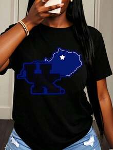 White T-Shirt With The United Kingdom Logo And The Outline Of The State Of Kentucky, For College Sports Fans, For Women And Men, University Of Kentucky Team Spirit Apparel - 黑色 - 查看 7