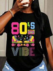 Camiseta con diseño retro de los 80 de patines de ruedas y cintas de casete para mujer, ideal para fiestas temáticas de los años 80, ropa casual de verano, camiseta gráfica colorida neón con elementos de música y baile. - Negro - Ver 1