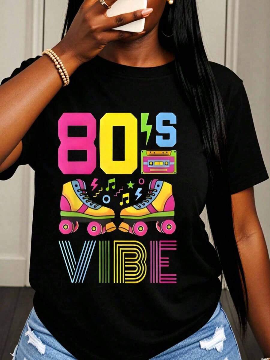 Camiseta con diseño retro de los 80 de patines de ruedas y cintas de casete para mujer, ideal para fiestas temáticas de los años 80, ropa casual de verano, camiseta gráfica colorida neón con elementos de música y baile. - Negro - Ver 1