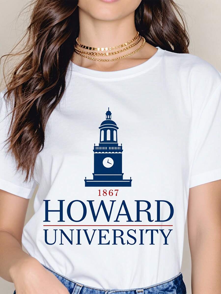 Womens Casual Loose Fit Crew Neck Short Sleeve Top Howard University 1867 Clock Tower Print College Campus Style T Shirt For Everyday Wear And School Spirit - 白色 - 查看 1