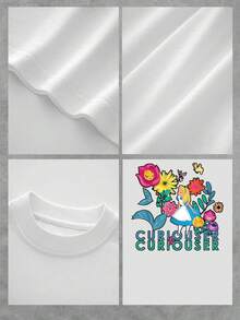 Ilustración colorida de una chica explorando un jardín mágico con flores sonrientes y frases inspiradoras que transmiten curiosidad y fantasía camiseta de mujer cómoda y suave  ideal para uso diario - Blanco - Ver 4