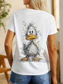 Camiseta manga corta cuello redondo 100% algodón, estampado trendy, tejido ligero y ventilado, estilo moda casual, apta para vida diaria, salidas informales y citas en primavera, verano y otoño - Blanco - Ver 5