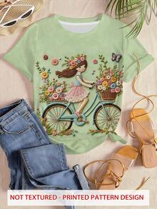 Camiseta manga corta cuello redondo 100% algodón, estampado trendy, tejido ligero y ventilado, estilo moda casual, apta para vida diaria, salidas informales y citas en primavera, verano y otoño - verde claro - Ver 2