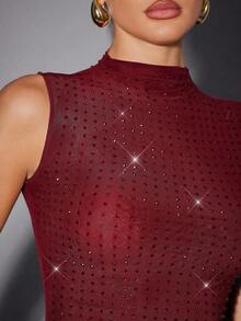 Haute Top de malla con doble capa, cuello alto, color rojo burdeos, con aplicaciones de strass, para fiesta de verano sexy - Burdeos - Ver 6