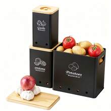 3 PiecesBlack Metal Vegetable Storage Set With Bamboo Lids - Stackable Potato, Onion & Garlic Containers For Kitchen Organization - Black - View 11