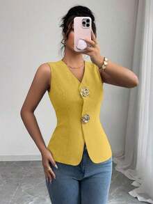 Blusa exterior con cuello en V ajustada con decoración de botones dorados con rosas - Amarillo - Ver 4