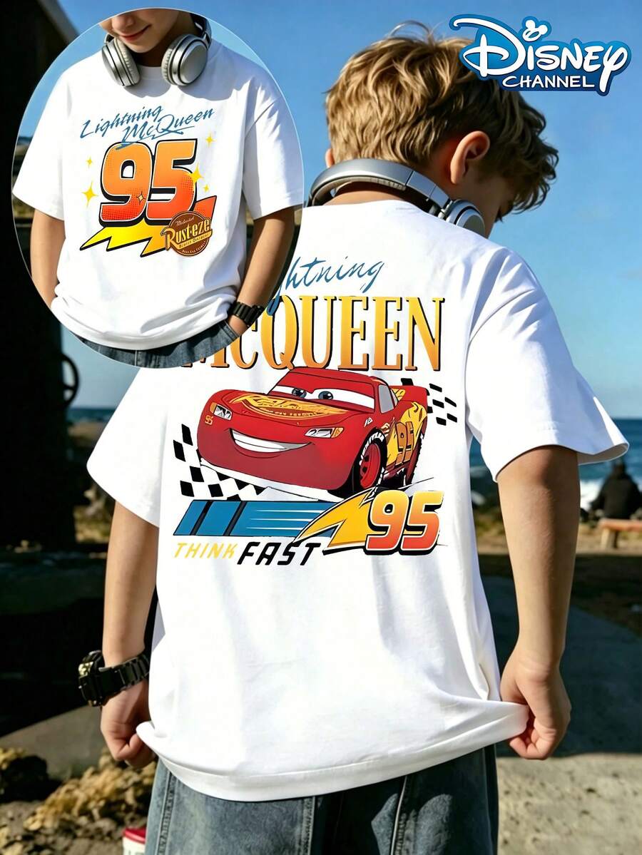 Disney's "Rush Hour" Racing Series - Lightning McQueen, Racing Style Children's Short Sleeve Shirt Pattern Summer Loose Tops,Short-Sleeved Casual And Cute Style Children's Clothing Design, Girl Clothes For Kids Clothes ,Ropa Para Niños,Teen Girls Clothes, Summer Clothes,Boys Summer Outfits,Boys Clothes,Perfect For Cool Girls. Comfortable And Breathable Children's Short-Sleeved T-Shirt. Comfortable And Casual Wear All Year Children's Clothes,Comfortable & Lightweight, Iconic Print For Mix-And-Match Outfits,Suitable For Both Boys And Girls. - White - View 1