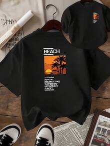 Atardecer cálido con palmeras que evocan serenidad junto al mar y reflejan el espíritu libre de los días de verano en la  camiseta de mujer de doble cara casual para uso diario y salida urbana - Negro - Ver 8