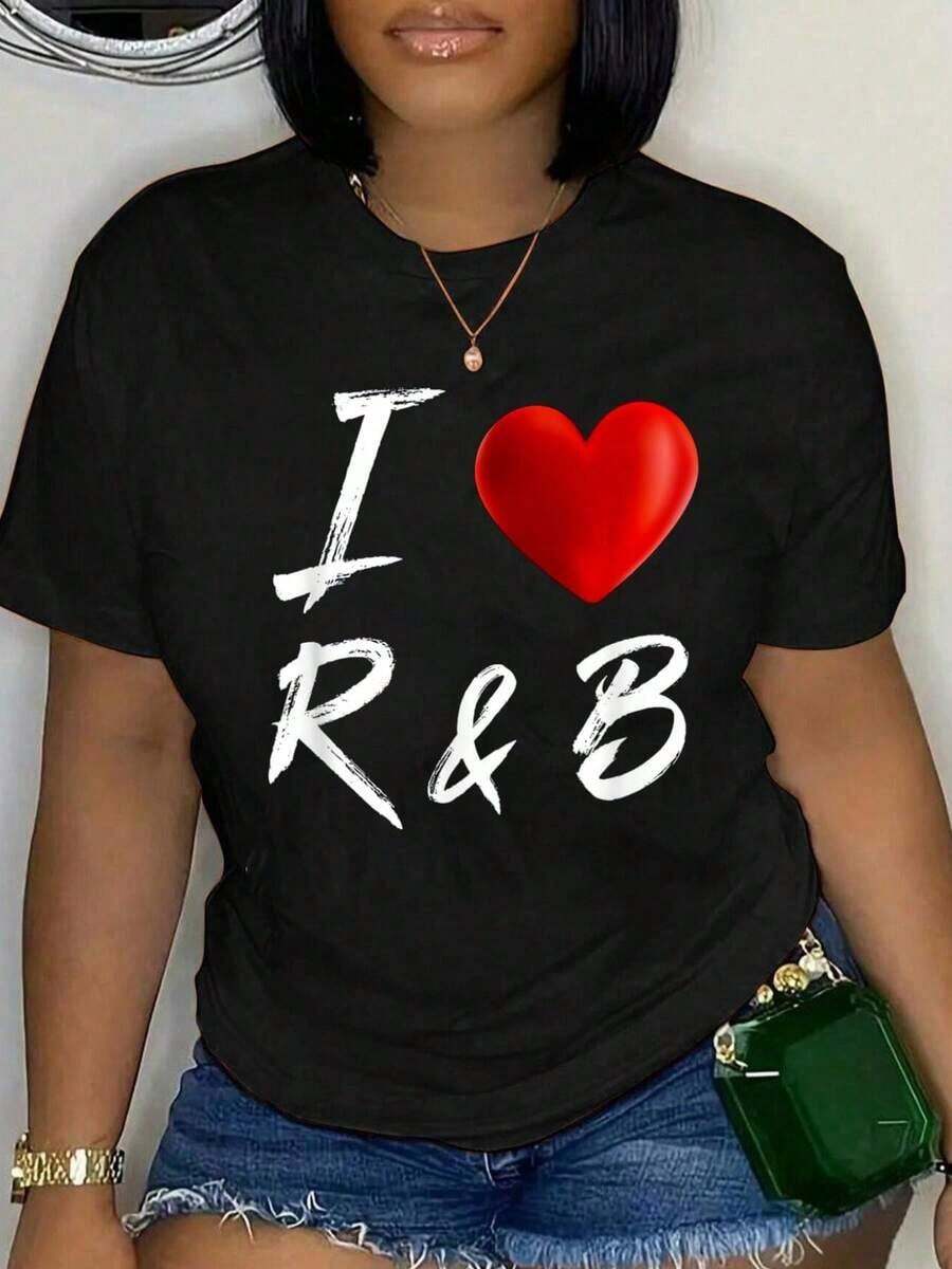 100% Cotton Women's Vest With R&B Music Style And "I Love The Heart" Print, Unisex, Classic Design, Comfortable To Wear, Round Neck - Black - View 1