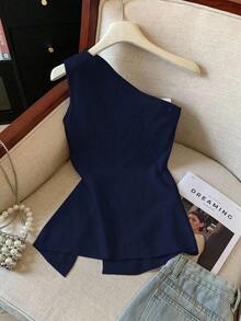 Camiseta elegante de unicolor con cuello asimétrico y abertura - Azul marino - Ver 2