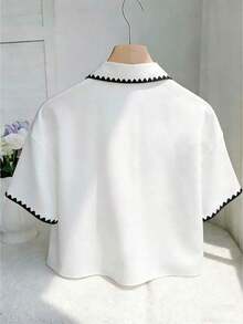 Camisa casual de mujer de unicolor, de manga corta, con hombros caídos y botones delanteros, para verano - Blanco 2 - Ver 2