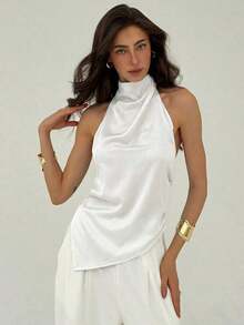 Blusa de cuello halter con bajo asimétrico de unicolor, top de verano para mujer, top de vacaciones de verano - Blanco - Ver 1