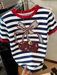 Camiseta casual de mujer de manga corta con cuello redondo y rayas - Multicolor 5 - Ver 6