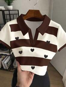 Blusa casual de mujer con cuello polo a rayas y manga corta - Blanco - Ver 1
