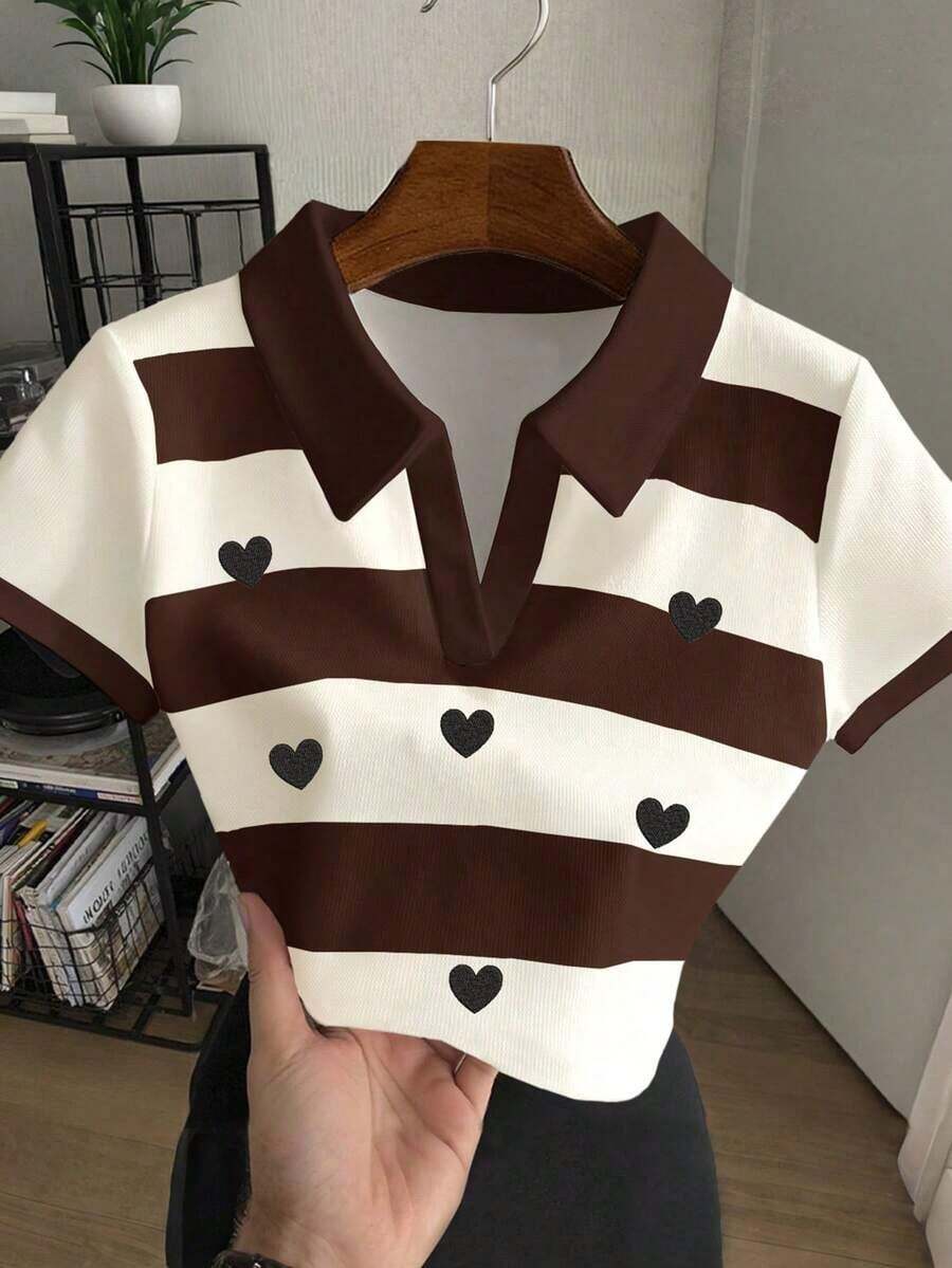 Blusa casual de mujer con cuello polo a rayas y manga corta - Blanco - Ver 1