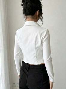 Blusa de manga larga con cuello, ajustada y con cremallera, con decoración metálica, de estilo sexy para mujeres - Blanco - Ver 2