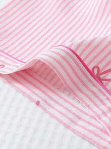 2 piezas Conjunto de pijama con top de manga corta con bolsillo y lazo, y shorts cómodos a rayas azules con cuello en forma de corazón, adecuado para uso en casa, primavera/verano - Rosa - Ver 7