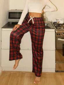 Pantalones de pijama holgados con lazo y estampado de cuadros para mujer, otoño e invierno - Multicolor 2 - Ver 3
