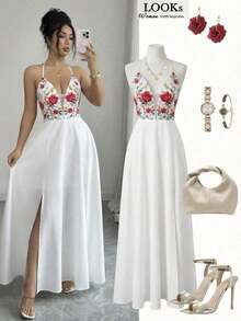 Vestido largo con abertura, escote en V, estampado floral, espalda elástica, diseño elegante y casual para uso diario, vacaciones y días festivos - Multicolor - Ver 8