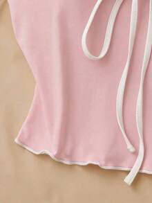 Top de tirantes con lazo y ribete de lechuga en contraste, elegante y ajustado, top para salir para mujeres, apto para el estilo del milenio - Rosa - Ver 7
