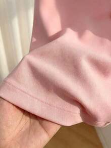 Camiseta ajustada de mujer de manga corta con cuello redondo y decoración de botones en color albaricoque sólido, adecuada para uso diario, casual y versátil, para verano - Rosa coral - Ver 3