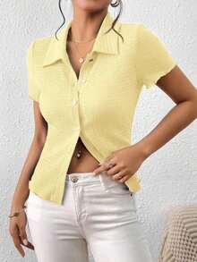 Frenchy Camiseta unicolor con botón delantero - Amarillo - Ver 7