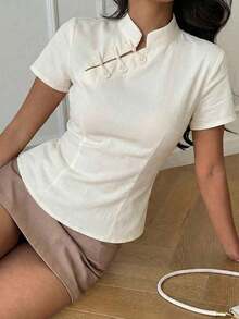 Blusa de cuello Mao de manga corta con cintura ceñida, estilo chino nuevo en color albaricoque, nuevo diseño de primavera/verano para mujer - Multicolor 3 - Ver 5