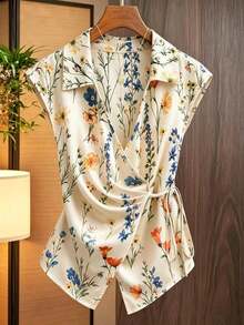 Camisa de mujer con estampado de flores silvestres, cuello, sin mangas, con lazo en la cintura - Multicolor - Ver 4