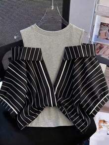 Conjunto de vacaciones para mujer con camisa a rayas de dos piezas falsa - Negro - Ver 2