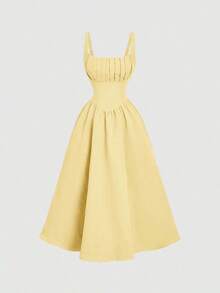 Vestido elegante de longitud media sin mangas con diseño de cintura plisada y unicolor para mujer - amarillo ganso - Ver 9
