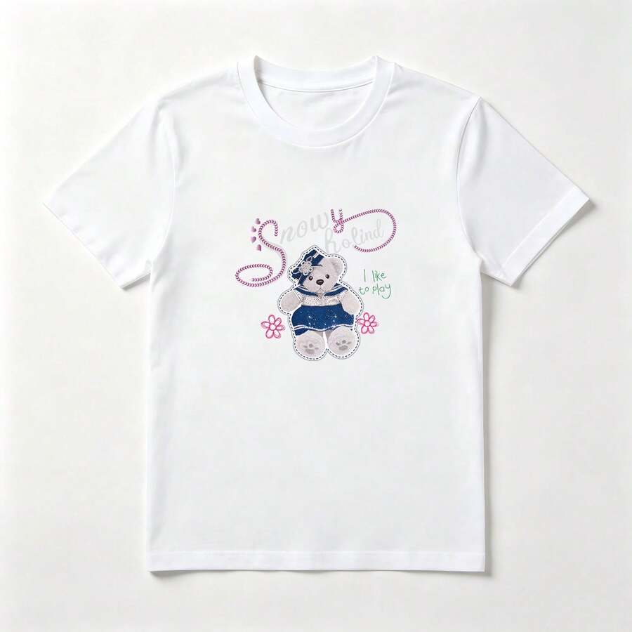 Camiseta Estampado Oso de Peluche con Flores - Algodón Natural Mujer Tierna - Blanco - Ver 1
