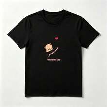 Camiseta Algodón Mujer Estampado Oso Durmiendo con Corazón - Diseño Romántico Tierno - Negro - Ver 1