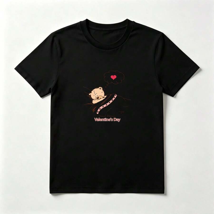Women's Cotton T-Shirt With Sleeping Bear And Heart Print - Romantic And Sweet Design - Black - View 1