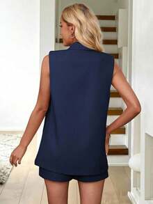 Conjunto de chaleco y pantalones cortos casuales para mujer, atuendo para ir al trabajo - Azul marino - Ver 2