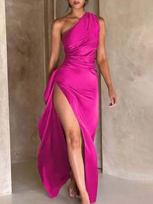 Vestido de satén de seda de un solo hombro con pliegues de unicolor para mujer, con espalda descubierta y abertura alta hasta el muslo, adecuado para discoteca, fiesta, salida, fiesta, cóctel, invitado de boda y elegante verano - Rosa Fucsia - Ver 6