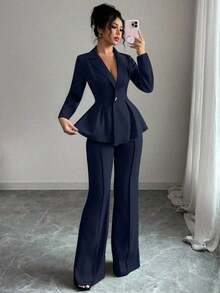 Elenzya Traje elegante que afina la cintura, pantalones acampanados y estilizadores para uso diario, adecuado para vacaciones, citas, Día de la Independencia, atuendo de maestra - Azul marino - Ver 5
