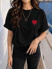 Nuevo Estilo de Verano 2026, Camiseta de Mujer de Cuello Redondo, Manga Corta Casual con Estampado de Corazón, 100% Algodón, Talla Grande, Ideal para Salir, Viajar y Uso Diario en la Calle. - Negro - Ver 3