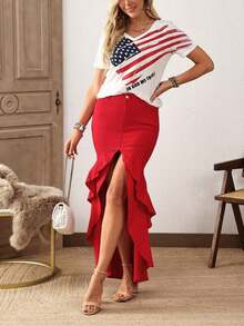 Falda vaquera con abertura alta y volantes de moda - Rojo - Ver 7