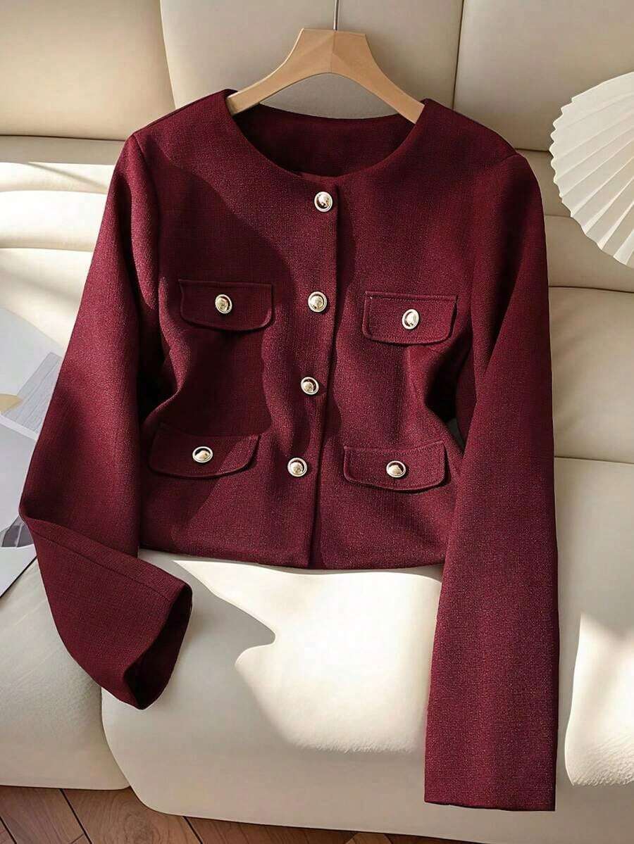 Chaqueta corta, casual y elegante de un solo pecho de unicolor y manga larga para mujer, delgada, para primavera/otoño - Burdeos - Ver 1