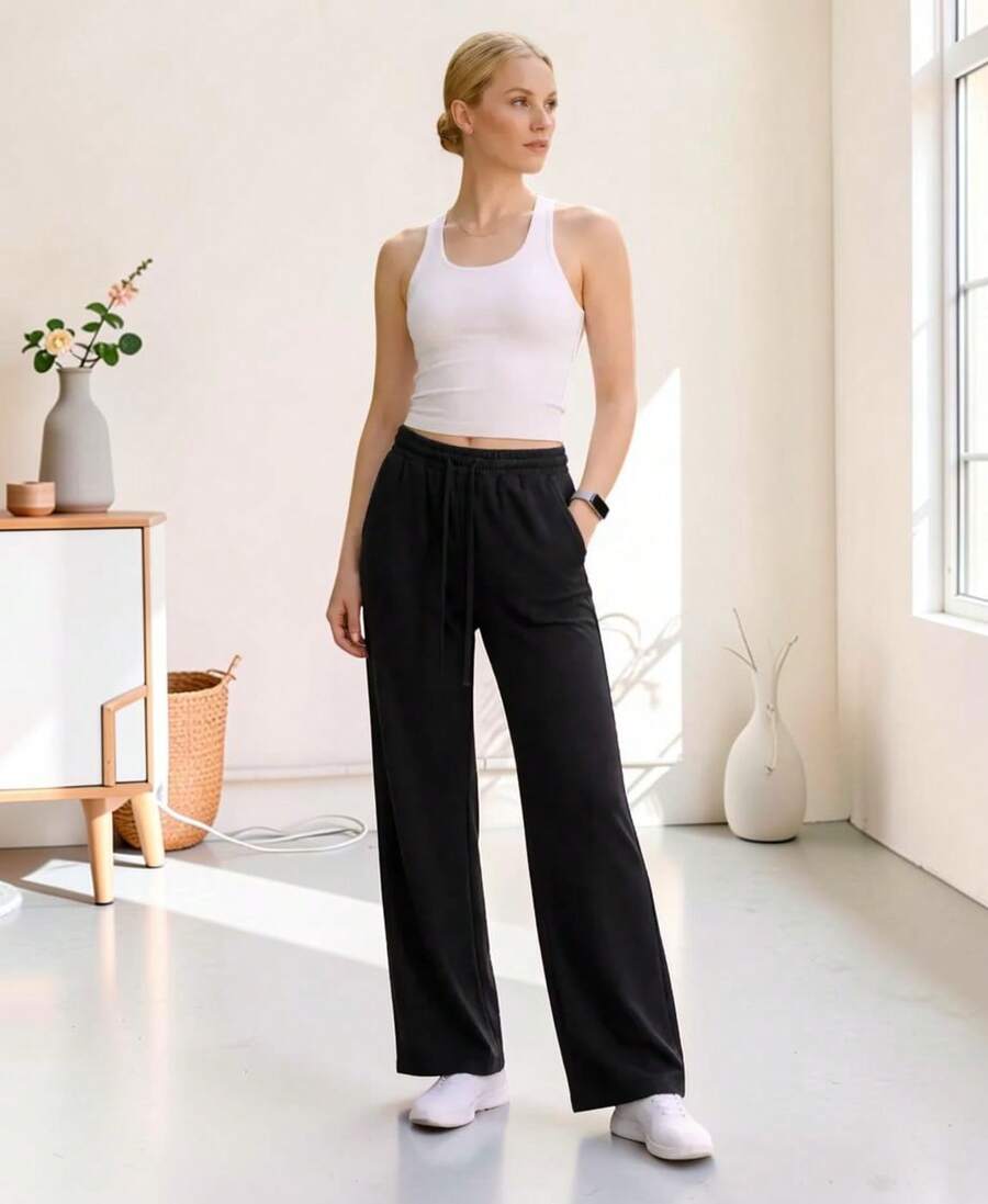 Pantalón Pants Mujer Corte Ancho Baggy Comodo Y versatil Ideal Para Gym, Yoga, pilates O varios Deportes - Negro - Ver 1