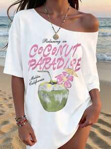 Sundraya Women's Casual Loose Fit Short Sleeve T-Shirt With Floral And Coconut Print, Asymmetrical Neckline, Ideal For Summer Vacation And Leisure - 白色 - 查看 1