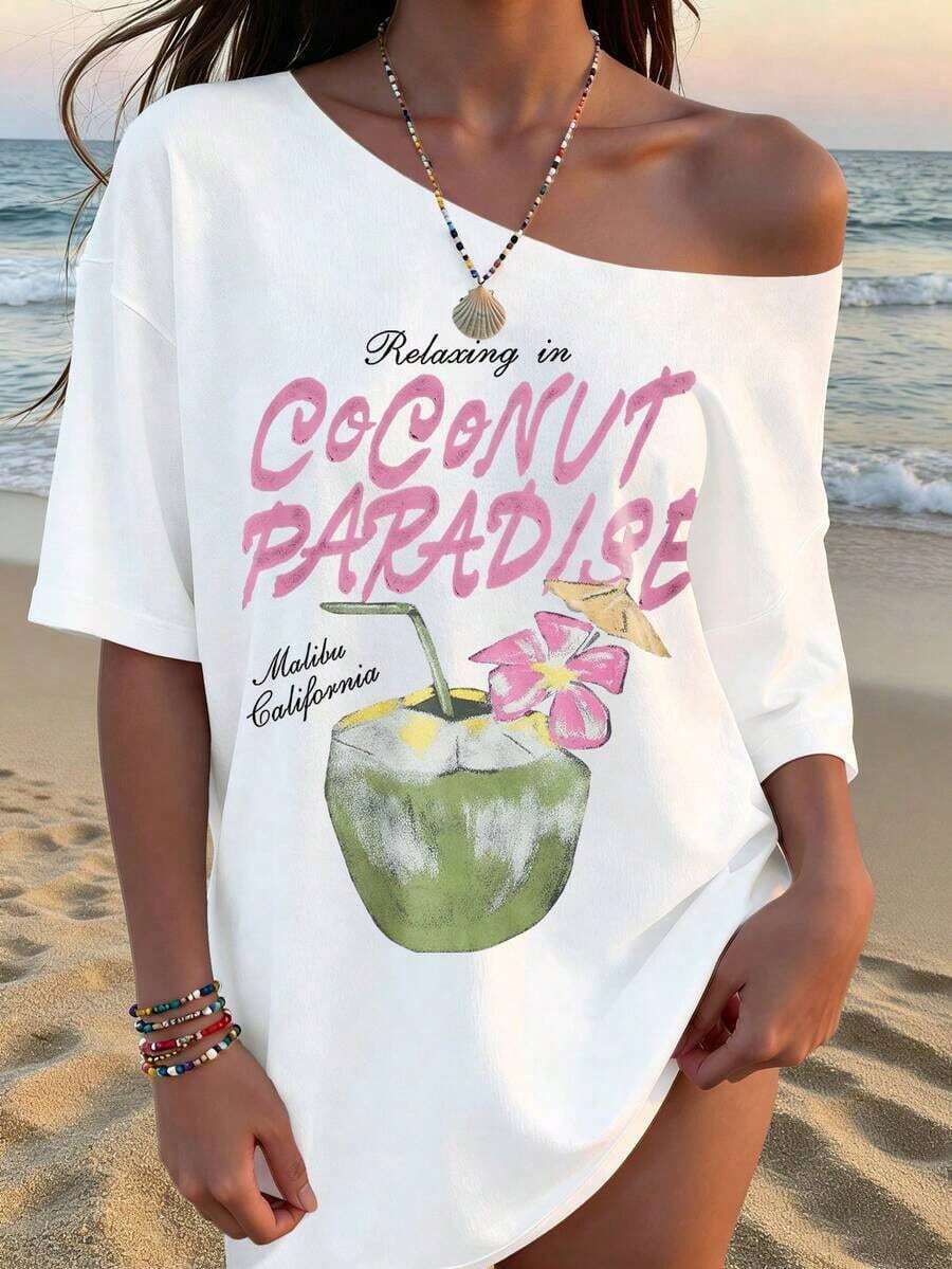 Sundraya Women's Casual Loose Fit Short Sleeve T-Shirt With Floral And Coconut Print, Asymmetrical Neckline, Ideal For Summer Vacation And Leisure - 白色 - 查看 1