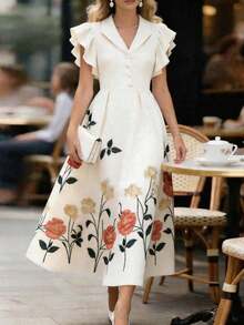 Vestido de manga acampanada de longitud media, de color albaricoque, con estampado floral, cuello de solapa, botones de perlas en la cintura, diseño de manga acampanada, encantador, elegante, dulce, para uso diario, vacaciones, viajes, citas, esti - Multicolor 3 - Ver 4