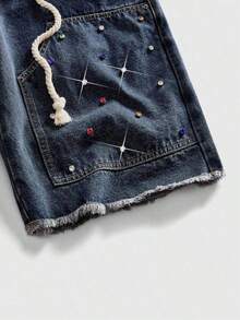 ROMWE MEN Street Life Pantalones cortos de mezclilla con doble cintura y bordado para hombres - Azul lavado oscuro - Ver 2