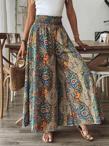 Pantalones de vacaciones de talle alto y pierna ancha con estampado de paisley para mujeres - Multicolor 2 - Ver 7